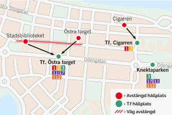 Karta över omledningar i Jönköping från Slottsgatan till Odengatan. 
