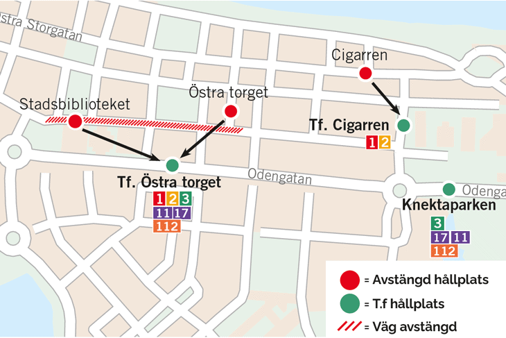 Karta över omledningar i Jönköping från Slottsgatan till Odengatan. 