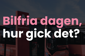Bild på en röd stadsbuss vid en hållplats. Över bilden står texten: "Bilfria dagen, hur gick det?". 