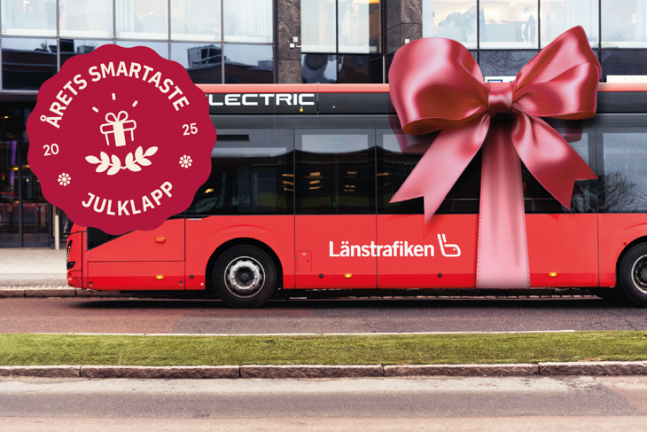 Buss med fejkad rosett runtom, stämpel som säger "Årets smartaste julklapp".