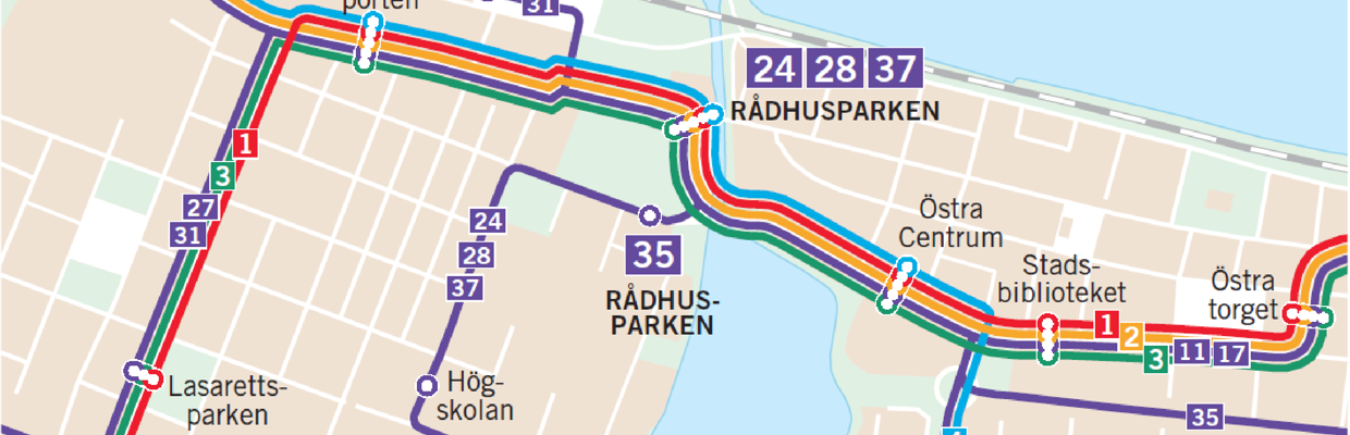 En karta som visar Jönköpings centrum med linjesträckning för busslinjerna som kör genom centrum.