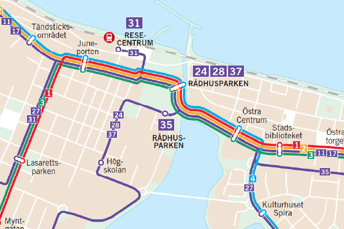En karta som visar Jönköpings centrum med linjesträckning för busslinjerna som kör genom centrum.