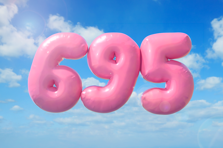 En bild på ballonger med himmel i bakgrunden. Ballongerna formar siffrorna 695.