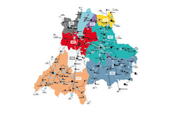 Bild som visar länets åtta zoner.